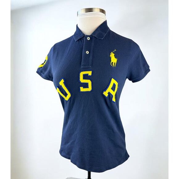 Ralph Lauren Big Pony USA Rugby Polo Shirt Slim Fitted SS Navy Blue Size Large - Picture 2 of 16
